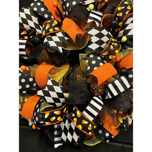 Halloween Wreath for Front Door~Black and Orange-Candy Corn~Handmade 22 inch - Picture 6 of 7